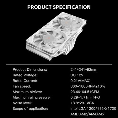 Охолоджувач CPU TZMRIT KF200 з 2 тепловими трубками, RGB LED, чорний, 9см, 2200RPM, для LGA115X/1200/17XX/1366, FM1/FM2/AM2/AM3/AM4/AM5