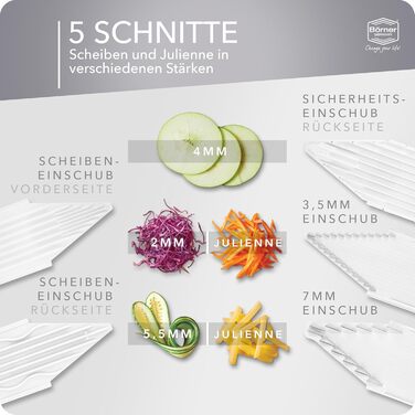 Набір овочерізів Börner V3 (Profi Set) – багатофункціональний овочевий слайсер для нарізки скибочками, жульєном, кубиками • Регульований V-різак • Нержавіюча сталь V-лезо • Набір овочевих слайсерів • Колір: Білий, Profi Set Білий