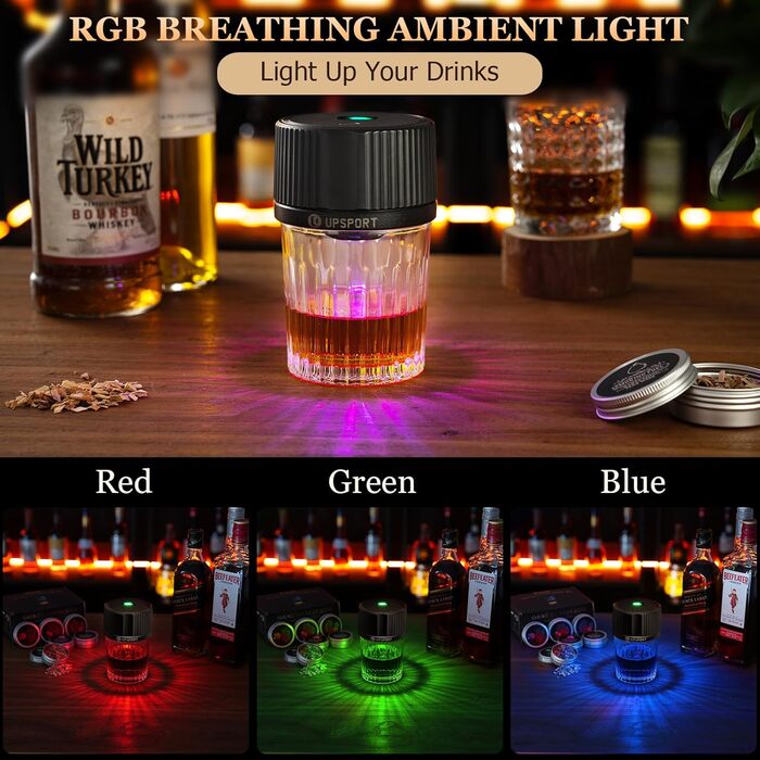 Електричний набір для копчення коктейлів з 4 режимами підсвічування, перезаряджуваний, для віскі, 6 дерев'яних стружок, без бутану, подарунок для чоловіків, батьків, коханих FY01