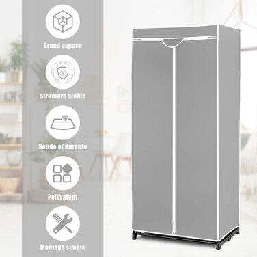 GIANTEX Clothes Closet Fabric Wardrobe with Clothes Rod & Shelf, Folding Wardrobe 74 x 50 x 172 cm, Clothes Rack Metal Frame with Dust Cover, for Bedroom Dressing Room (light grey)