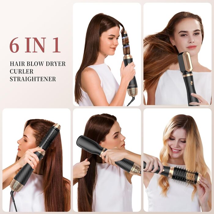 Набір для укладки волосся OKWRAP Airstyler 6 в 1: фен-щітка, автоматична завивка, об'ємні насадки, чорний/золотий