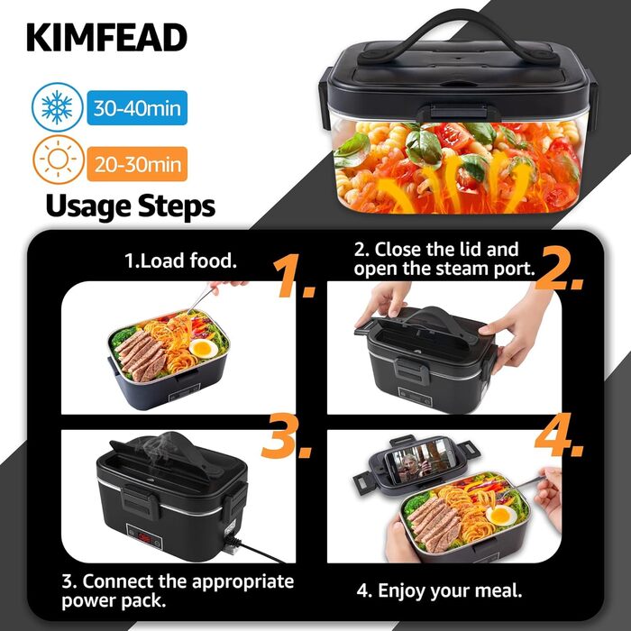 Електрична ланч-бокс Kimfead з контролем температури, 1.8L, 80W, 12V/24V/230V, з сумкою та столовим прибором, для авто/офісу