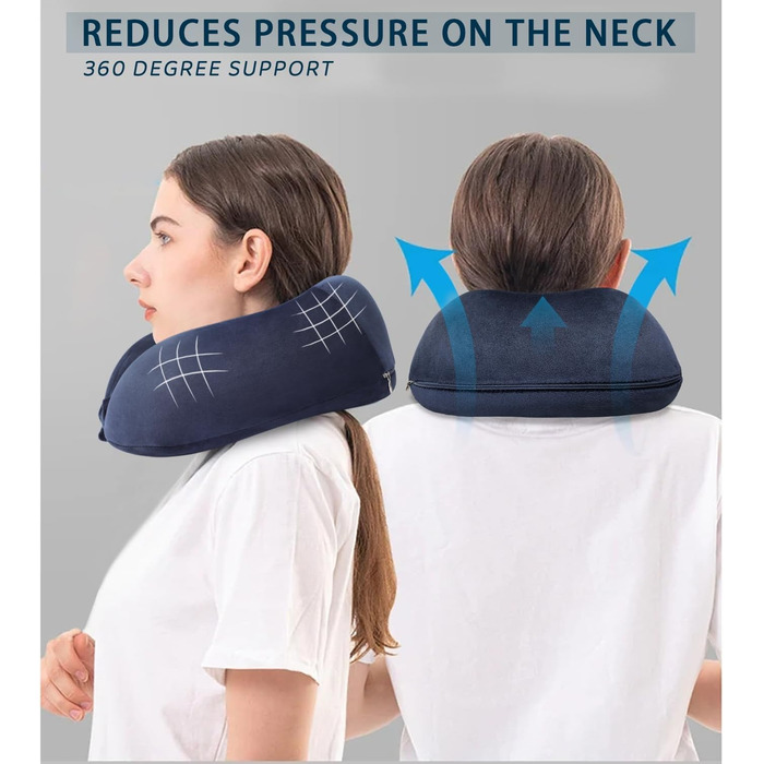 Подушка для шиї, зручна, портативна, регульована, з Memory Foam, U-подібна, для подорожей (літак, поїзд, авто, офіс), темно-синя