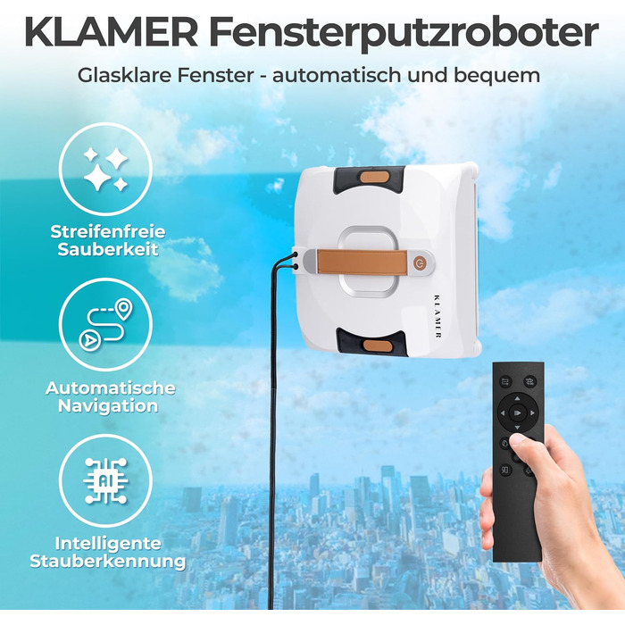 Робот для миття вікон KLAMER 3500 Pa: автоматичний очищувач з резервуаром для води 100 мл, режим вологого очищення, виявлення країв, тихий (60 дБ), захист від падіння, смарт-планування траєкторії, білий