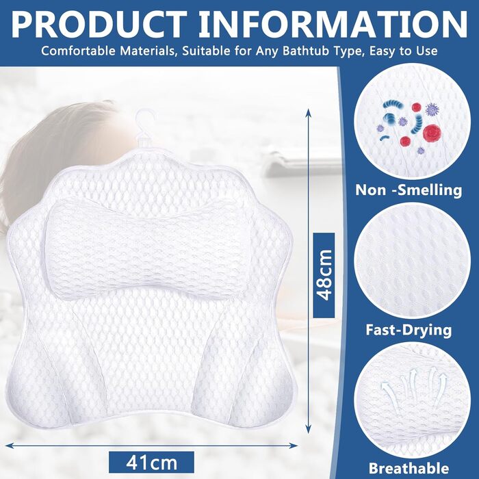 Підголовник для ванни MOYKSRR з 6 присосками та дихаючою сіткою 4D Air Mesh, для комфортного відпочинку у ванні