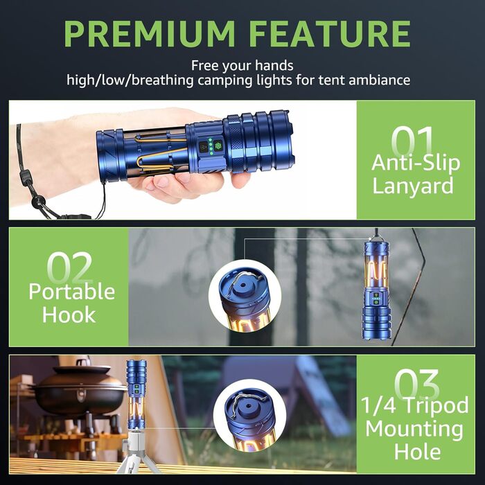 Потужний LED ліхтар 1000000 люмен: ліхтар з підзарядкою, збільшенням, 11 режимів, водонепроникний тактичний ліхтар для кемпінгу, відпочинку на природі, надзвичайних ситуацій (Морський колір)