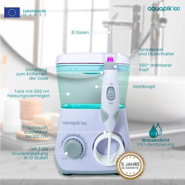 Іригатор для порожнини рота Munddusche Aquapik 100 – рекомендований стоматологами пристрій для видалення нальоту з 8 насадками, 10 рівнями тиску, баком 600 мл, поворотним 360° наконечником, шлангом 100 см, ідеальний для імплантів та ортодонтії, білий