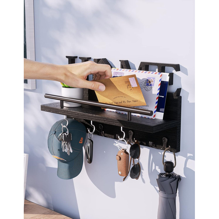Дерев'яне ключниця-органайзер на стіну з полицею, 7 гачків, чорний, для дому