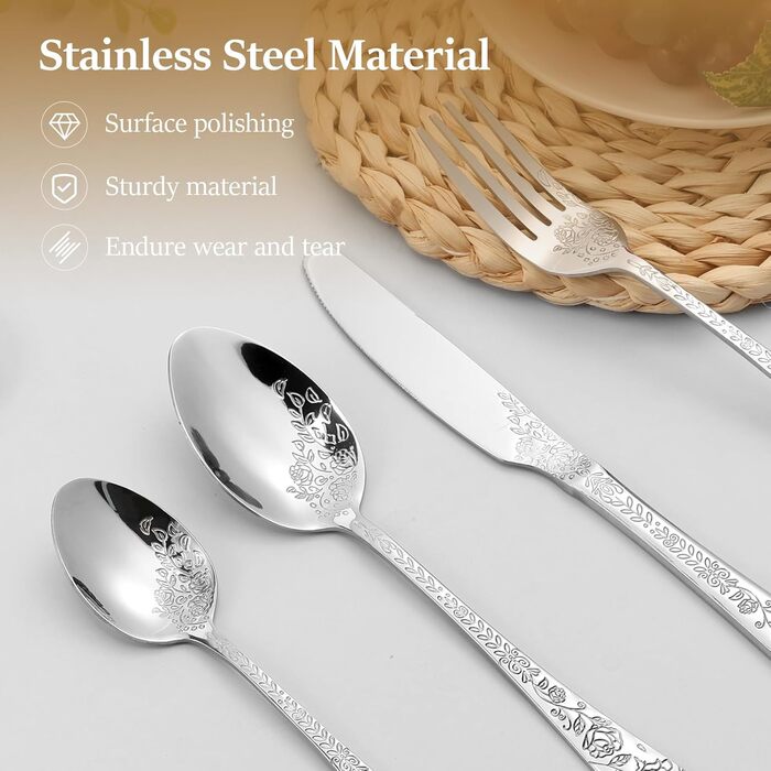 Набір столових приборів 24 предмети з нержавіючої сталі на 6 осіб з гравіюванням троянд. Ложки, виделки, ножі. Поліровані, для посудомийної машини. Сріблястий колір.