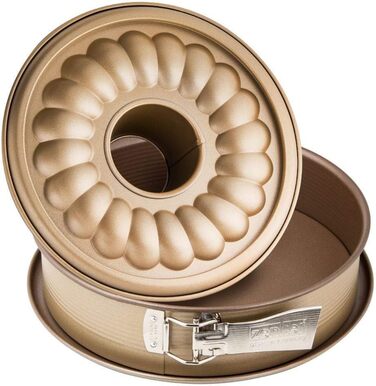 Zenker 7352 MOJAVE GOLD Springform, 26 cm Diameter – Stylish baking pan with flat and tube bottoms, Mahogany/Gold, Made in Germany