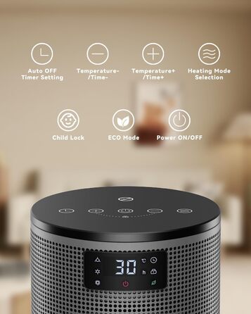Електричний обігрівач PALINTH 1500W з термостатом, 4 режими, захист від перегріву та перекидання, таймер 8H, для дому, чорний
