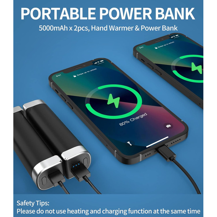 Електричні грілки для рук 5000mAh, 2 шт. - багаторазові, для дітей, на відкритий простір, зимовий подарунок (чорний)