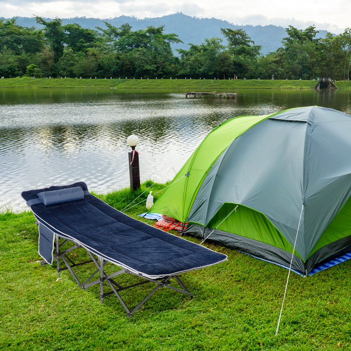 Outsunny Folding Camping Bed, Folding Field Bed, with Pillow, Side Pocket, Mattress, Guest Bed, Supports up to 150 kg, Travel, Outdoor, Oxford, Dark Blue, 188 x 64.5 x 53 cm | Aosom