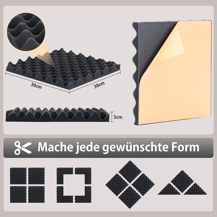 Акустичний поролон самоклейний пірамідальний, панелі для шумоізоляції студії, офісу та дому, чорний, 30x30x3 см, 24 шт