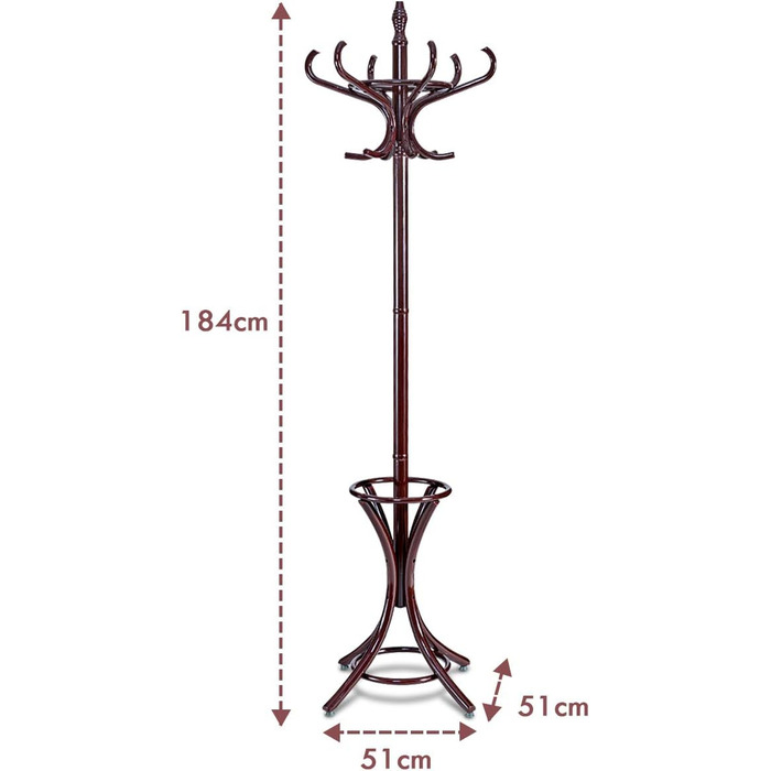 COSTWAY 184cm Wardrobe Rack with Umbrella Holder, Coat Rack with 12 Clothes Hooks, Clothes Rack made of Wood, Freestanding Wardrobe for Entryway, Living Room and Bedroom (Brown)