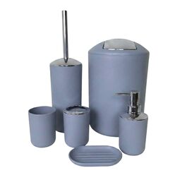 Набір аксесуарів для ванної кімнати 6 предметів, пластик, сірий: йоржик для унітазу, відро, стакан для зубних щіток, мильниця, дозатор для мила, піднос