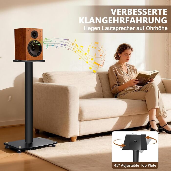 Підставка для акустики 65-85 см, регульована по висоті, дерев'яні підставки для сателітної акустики 4-10 дюймів, 20 кг вантажопідйомність, набір 2 шт. (Чорний - Метал)