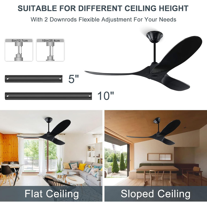 Чорний стельовий вентилятор з дерева (132 см) з пультом керування, тихий, для вологого приміщення