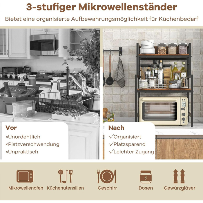 Кухонна полиця GOPLUS з 3 рівнями, для мікрохвильової печі, металевий каркас, 52 x 42 x 78 см