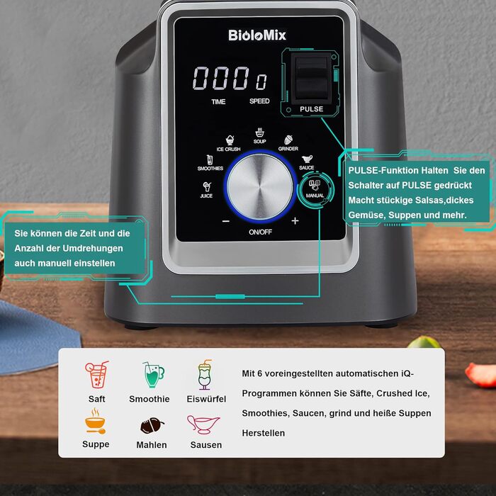 BioloMix Stand Mixer 2200W SmoothieMixer, Self-Cleaning Function, Built-in Timer, High-Performance Mixer with 2L BPA-Free Container (T5800)