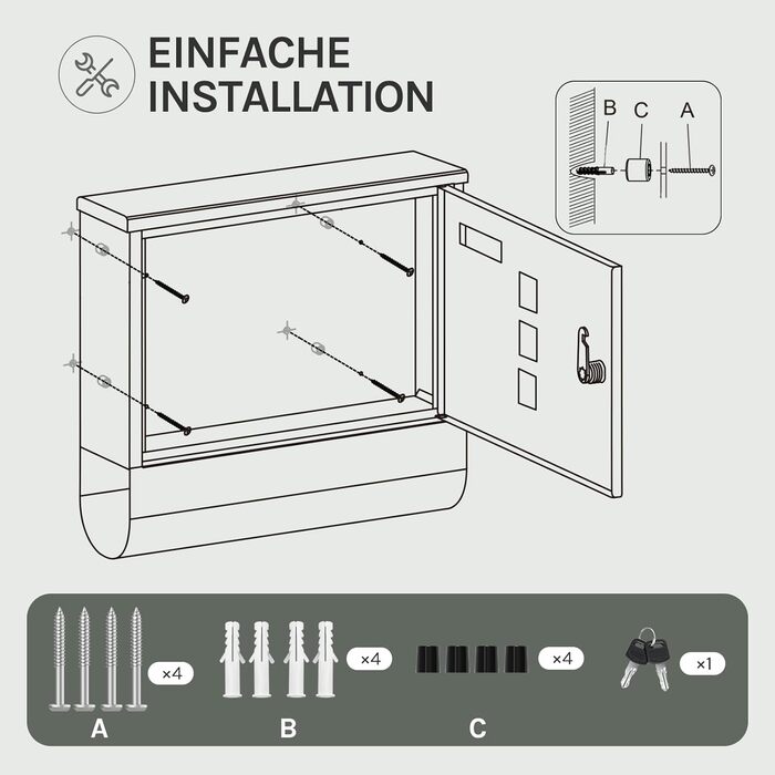 Поштовий ящик WOLTU з газетницею, оглядовим вікном та табличкою для імені, настінний, замикається (2 ключі), білий (30,5x33,5x9 см)