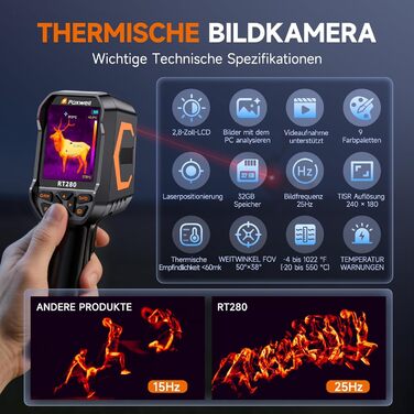 Тепловізор FOXWELL RT280: Портативна інфрачервона камера з LCD-екраном 2.8', роздільна здатність 320x240, діапазон температур -20°C до 550°C, 8GB пам'яті, функція PC-аналізу та відеозапису