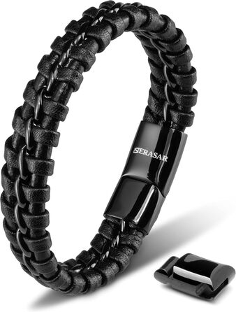 Чоловічий шкіряний браслет SERASAR Premium | Магнітна застібка з нержавіючої сталі, чорний, срібний, золотий | У подарунковій коробочці | Чудова ідея подарунка, 20 см, колір: чорний