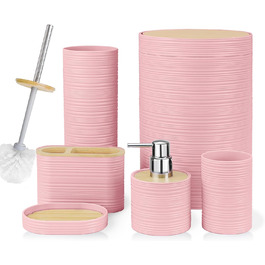 CERBIOR Набір аксесуарів для ванної кімнати, бамбуковий комплект з 6 предметів, включає дозатор для мила, тримач для зубних щіток, стакан для зубних щіток, мильниця для декоративної поверхні, подарунок на новосілля, Sriral (Рожевий)