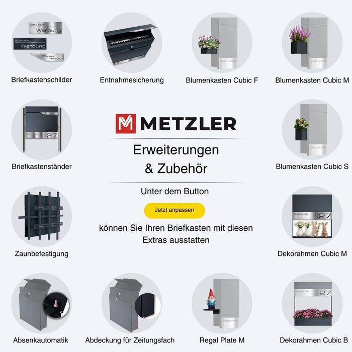 Поштова скринька Metzler Anthrazit з газетницею та іменним шильдиком RAL 7016, вулична, антикорозійна, для настінного монтажу, сучасний дизайн 37x37x10.5 см