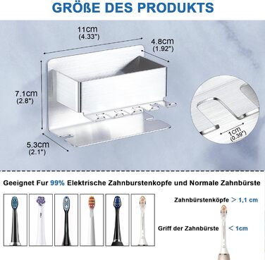 Тримач для зубних щіток настінний, для електричної зубної щітки, органайзер для насадок, срібний, без свердління