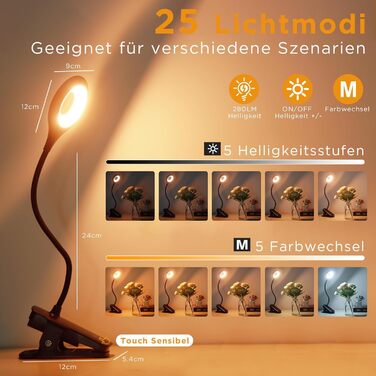 Нічник Akynite 3W на прищіпці, LED лампа для ліжка з акумулятором, USB-C зарядка, 5 кольорів, диммер, 28 LED, чорний