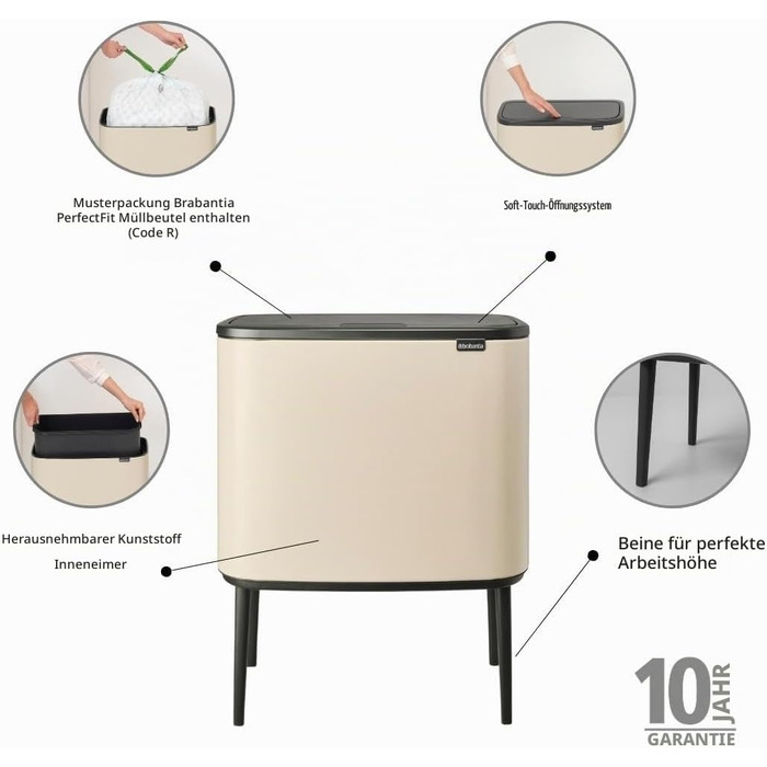 Сміттєвий бак Brabantia Bo Touch Bin на 36 л, металевий, білий, з внутрішнім відром (54 x 32 x 68 см)