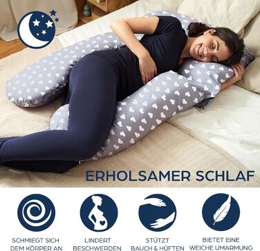 Niimo 4-in-1 U-Shaped Pillow - Breastfeeding Pillow, Pregnancy Pillow, Comfort Pillow & Side Sleeper Pillow with 100% Cotton Cover, Washable (Gray with white hearts)