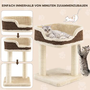 COSTWAY Cat Tree Small, Cat Tree with Large Plush Seat, Wooden Cat Scratching Post, Cat Furniture Climbing Tree, Activity Tree Play Tree, Natural Sisal Tower with Scratching Posts (Beige)
