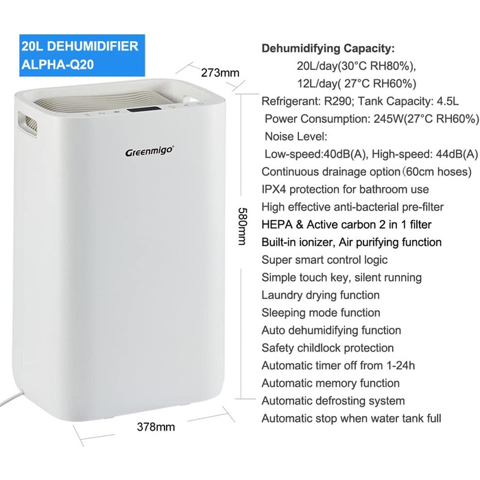 Зволожувач повітря Greenmigo 13L/24h - Електричний осушувач для дому, квартири, підвалу. Захист від вологи та плісняви, до 50 м²