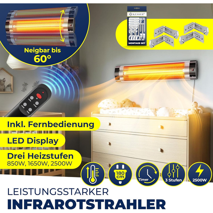 Інфрачервовий обігрівач KESSER® 2500W з пульт дистанційного керування, 3 режими, миттєвий нагрів, кріплення на стіну, для тераси, кварцовий, з захисним чохлом, таймер, антрацит (срібло)