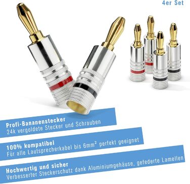 Набір бананових конекторів Sonero® (4 шт.), для акустичних кабелів до 6 мм², позолота 24K, кольорове кодування (12x червоний, 12x чорний)