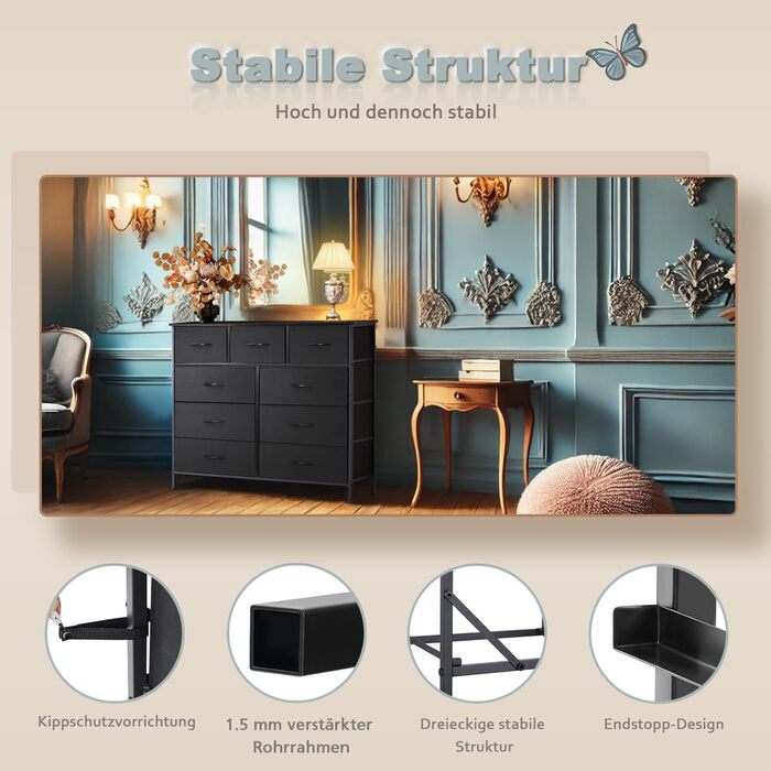 DUMOS Dresser with Drawers - Dressers & Sideboards for Bedroom Suitable, Dresser with 9 Drawers, Fabric Dresser with Sturdy Steel Frame, Ideal for Bedroom, Living Room (Black)
