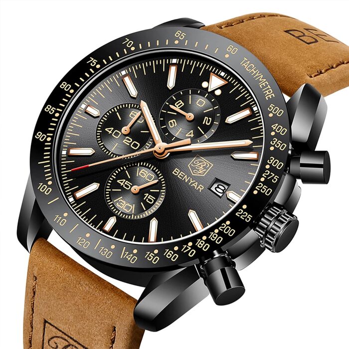Годинник чоловічий BENYAR з коричневим шкіряним ремінцем, кварцовий хронограф, чоловічий годинник з датою, водонепроникний, спортивний годинник з блакитно-чорним циферблатом