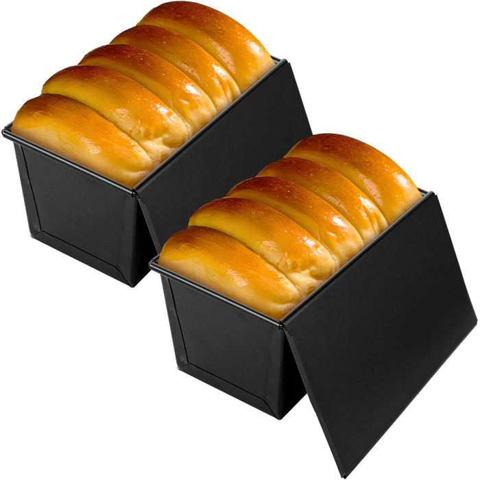 VIDETOL 2 Pack Loaf Pans with Lid, 450g Toast Bread Mold Non-Stick, Black Bread Box for Toast and Bread