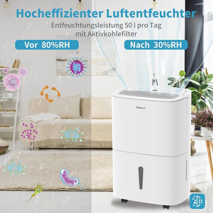 SHINCO 30L Електричний Зволожувач Повітря з WiFi, 30л, для 105м³ (35м²), Автоматичний перезапуск, Таймер 24г, Фільтр Активне Вугілля, Постійний Злив, SDZ1-50D