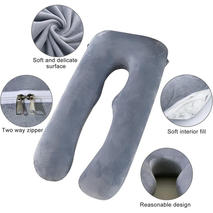 Подушка для вагітних Caliyo 2 шт. U-подібної форми, для сну на боці, з чохлом, велика подушка для годування, подушка для вагітних та комфортна подушка для дорослих (сірий, кристалевий велюр)
