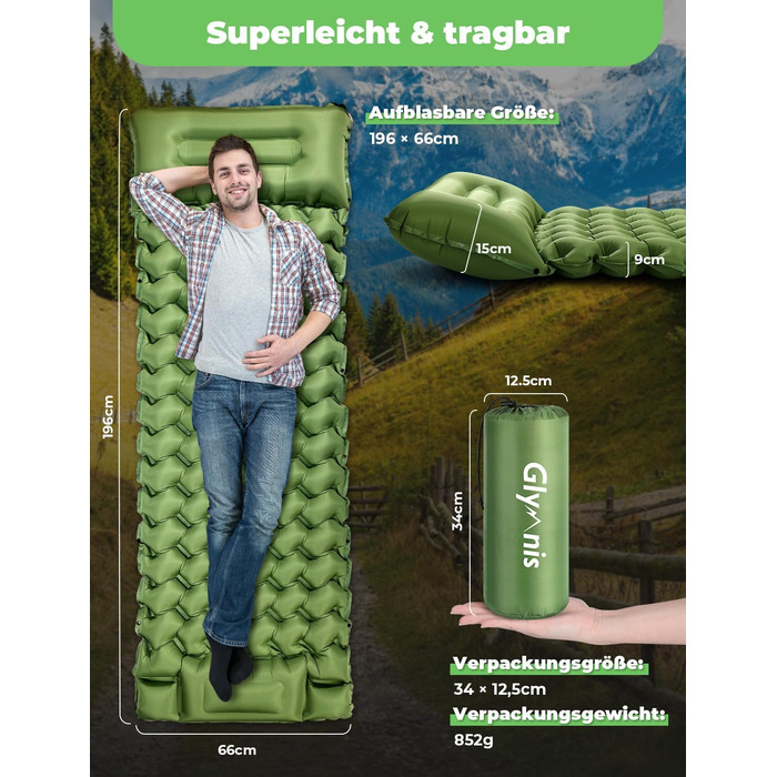 Glymnis Isomatte Camping Air Mattress - 9cm Thick with Foot Pump & Pillow - Ultralight Outdoor Sleeping Pad for Camping, Hiking & Travel - Army Green