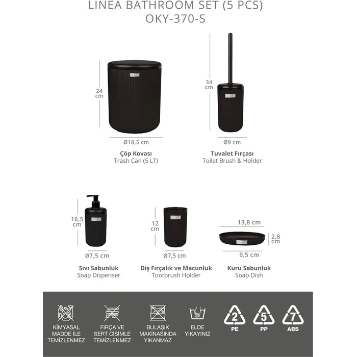 5-ти предметний набір аксесуарів для ванної кімнати чорний круглий – Розкішний сучасний набір: тримач для зубних щіток, стакан, йоржик для унітазу, мильниця та відро