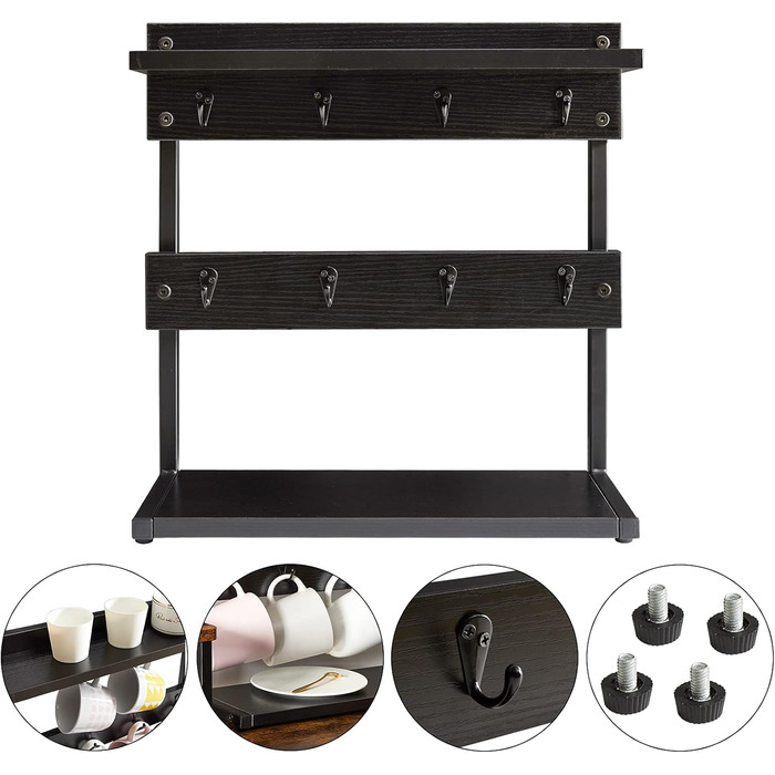 Vintage Mug Holder with 8 Hooks, Coffee Cup Holder for Kitchen Countertop, Cup Rack with Storage Base, for Kitchen Dining Room Cafe 40 x 15 x 40 cm, TBJ002H (with Shelf, Black)