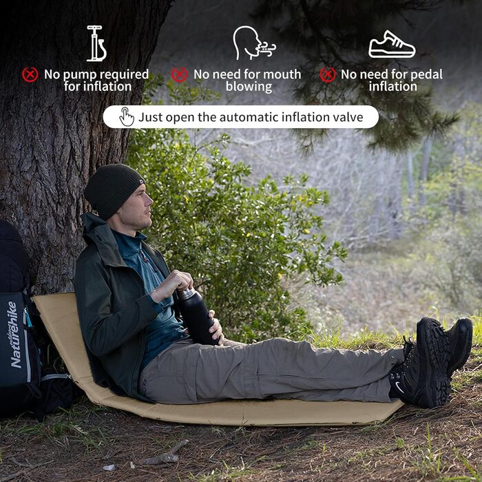 Naturehike Саморозкладаючий килимок для сну 5 см, туристичний килимок для кемпінгу, з'єднується з іншими, для наметів, гамаків, походів, сімейного кемпінгу, R-значення 4.8, зелений (хакі)