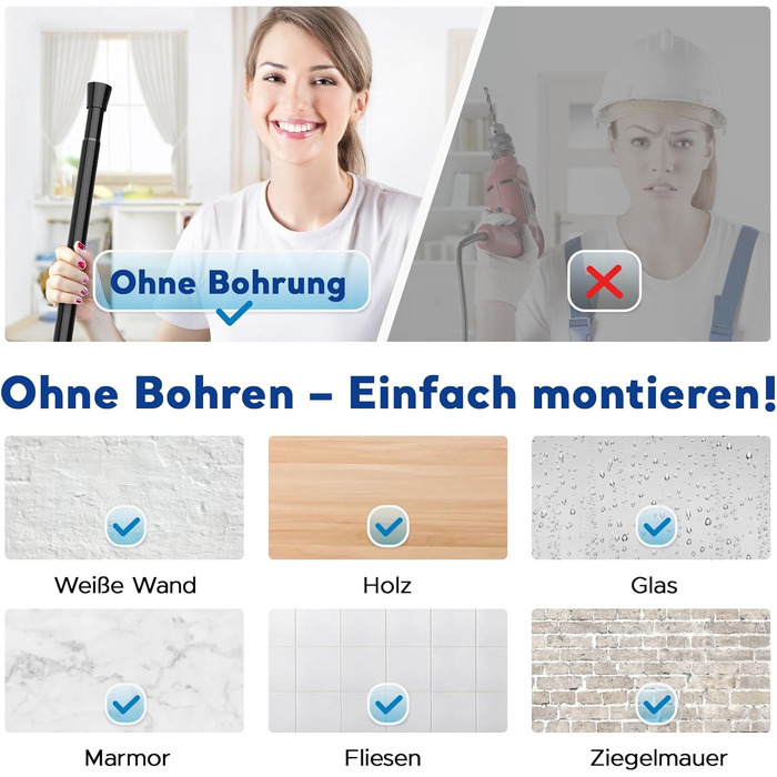 Штанга для карнизів без свердління – Ø 25 мм, 1 шт. Регульована телескопічна штанга для кріплення, для штор, душової завіси та гардеробу (Чорний, 71-98 см)