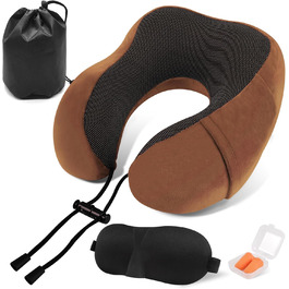 Подушка для шиї у вигляді звірка Memory Foam для дорослих з чохлами для вух, маскою для очей та сумкою. М'яка, дихаюча, ідеальна для подорожей, авто, офісу (колір: коричневий)