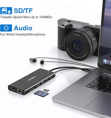 Док-станція USB-C з підтримкою двох моніторів та трьох дисплеїв, 14 в 1 для ноутбуків Dell, HP, Lenovo та інших, з 2x 4K HDMI, DisplayPort, Ethernet, 4x USB, 100W PD, USB-C Data, SD/TF, Audio/Mic (Чорний)