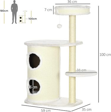 Кігтеточка PawHut для котів 100 см, багатоповерхова з м'яким лежанкою, іграшками, сизалевими стовпами, платформа для котів до 5 кг, кремово-білий котячий комплекс